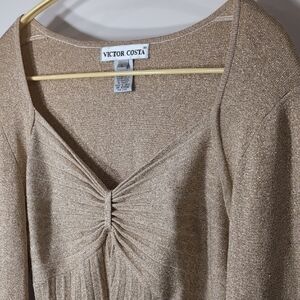 Victor Costa | Vintage Gold Metallic Silk V-Neck Top with Gathered Detail Size L